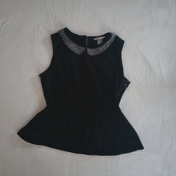 H&M Womens π Fancy Black Sequined Neck Fit And Flare Sleeveless Peplum Top - Picture 3 of 15